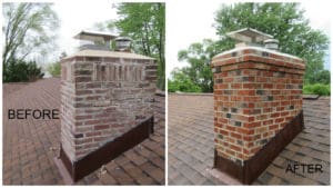 A before and after picture of the brick chimney.