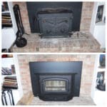 A fireplace with two different images of the same fireplace.